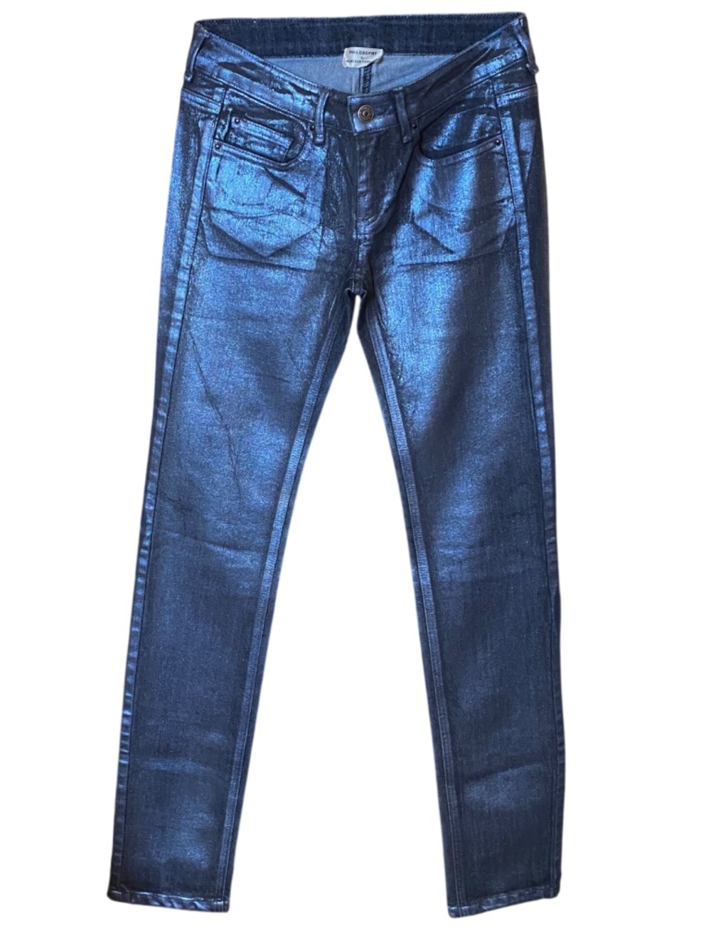 VTG Philosophy di Alberta Ferretti Metallic Blue Coated Jeans Y2K Archival NWOT